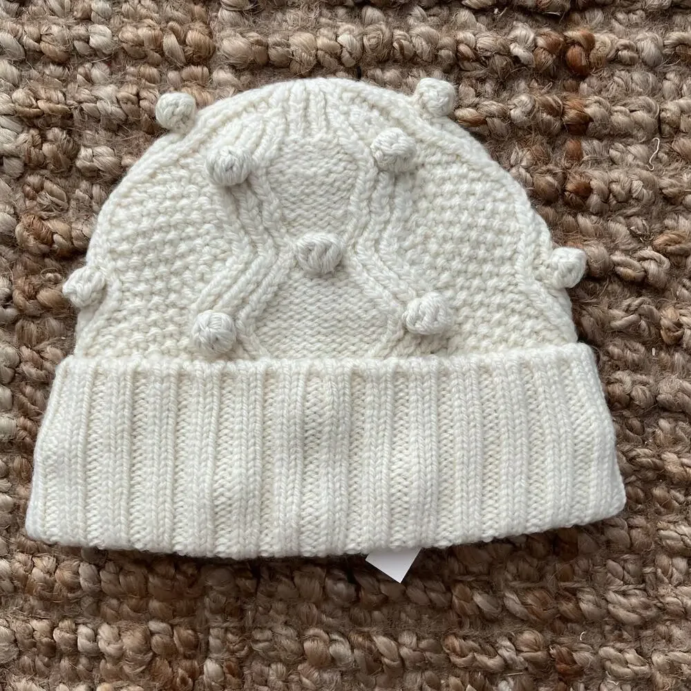 Madewell Bobble Stitch Beanie Antique Cream 100% Wool Cable Knit NWT